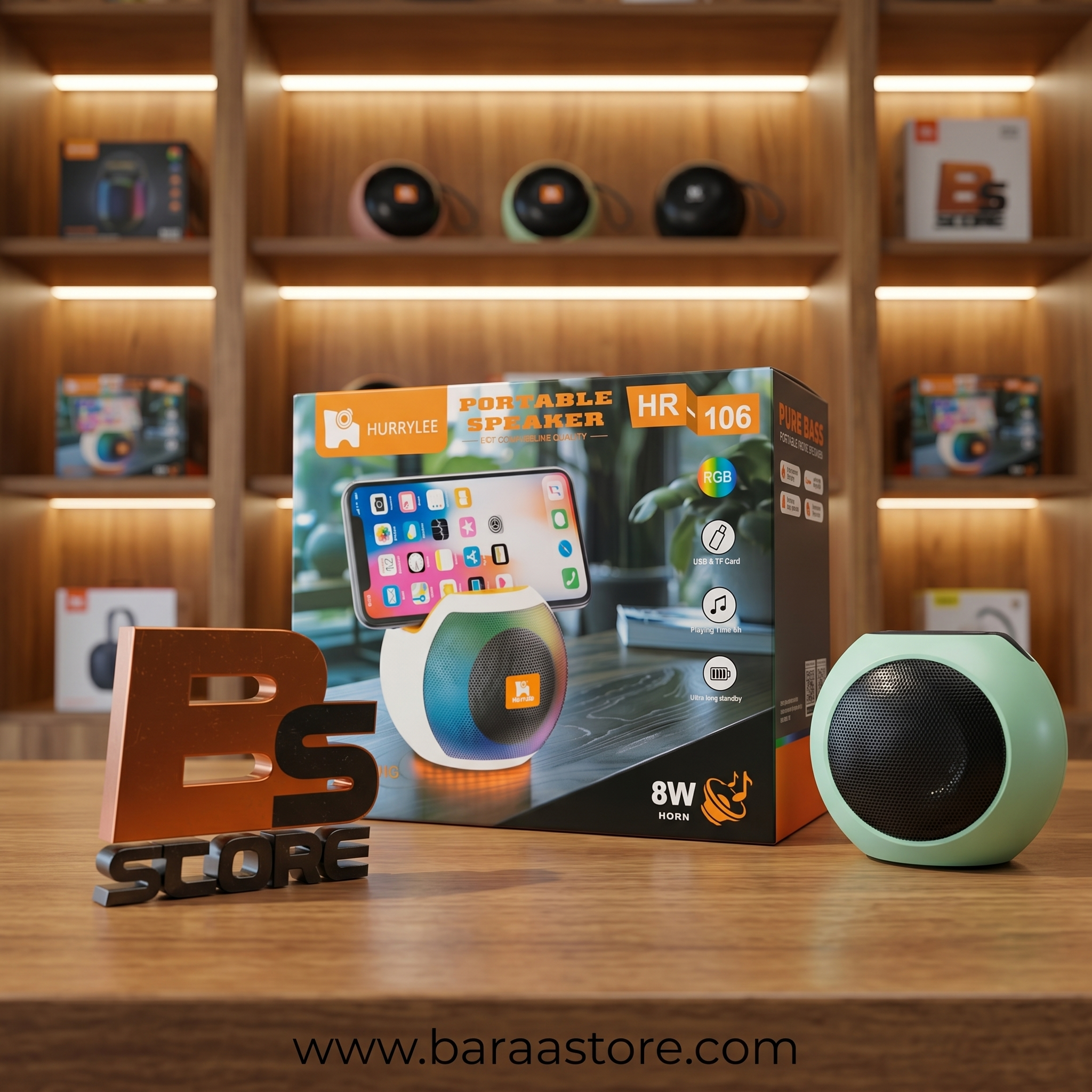 مكبر صوت محمول HURRYLEE HR-106 بقوة 8 واط وإضاءة RGB – تصميم ذكي مع حامل للهاتف